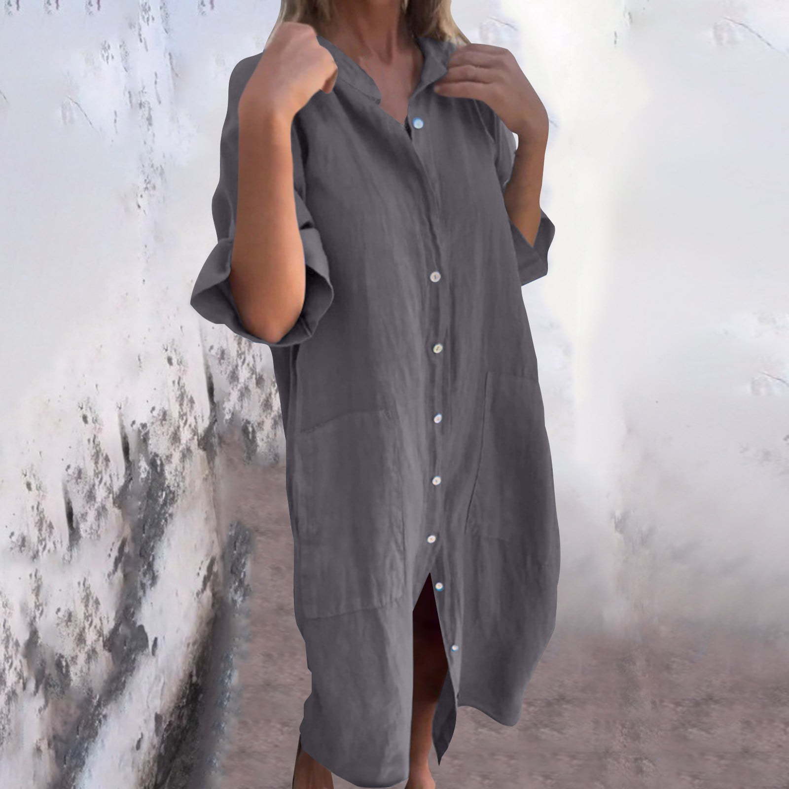 2025, neues europäisches und a – Casual Loose Linen Shirt Dress Bewertung und Preis