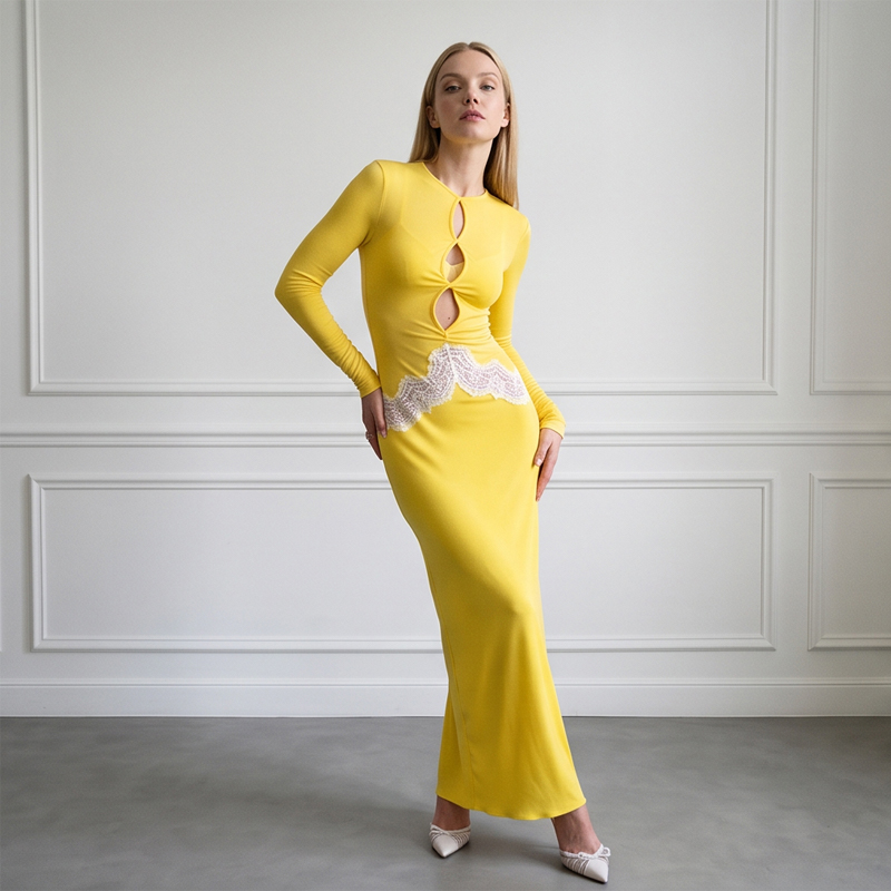Damen Gelbes Spitzen-Maxikleid – Bodycon Long Sleeve Ribbed Dress Bewertung und Preis