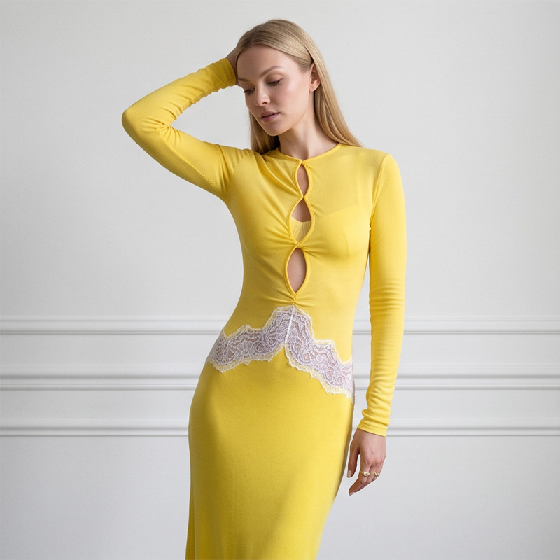 Damen Gelbes Spitzen-Maxikleid – Bodycon Long Sleeve Ribbed Dress Bewertung und Preis