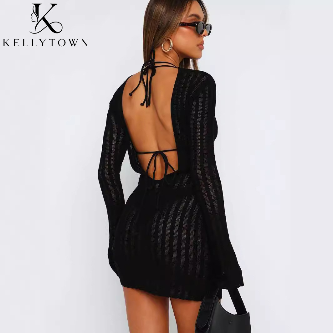 Rückenfreies Kleid Sexy Geripp – Bodycon Long Sleeve Ribbed Dress Bewertung und Preis