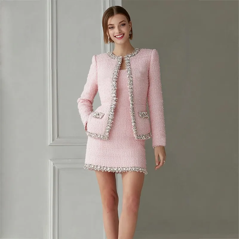 Premium Rosa Tweed Damen Zweit – Tweed Two Piece Blazer Dress Bewertung und Preis