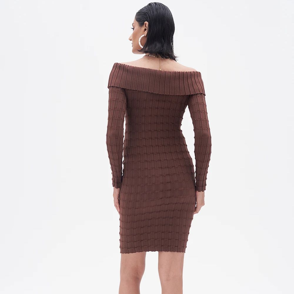 2023 Sexy Geraffte Slash Schul – Bodycon Long Sleeve Ribbed Dress Bewertung und Preis