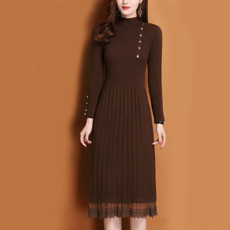 Spitze Saum Knöpfe Frauen Herb – Bodycon Long Sleeve Ribbed Dress Bewertung und Preis