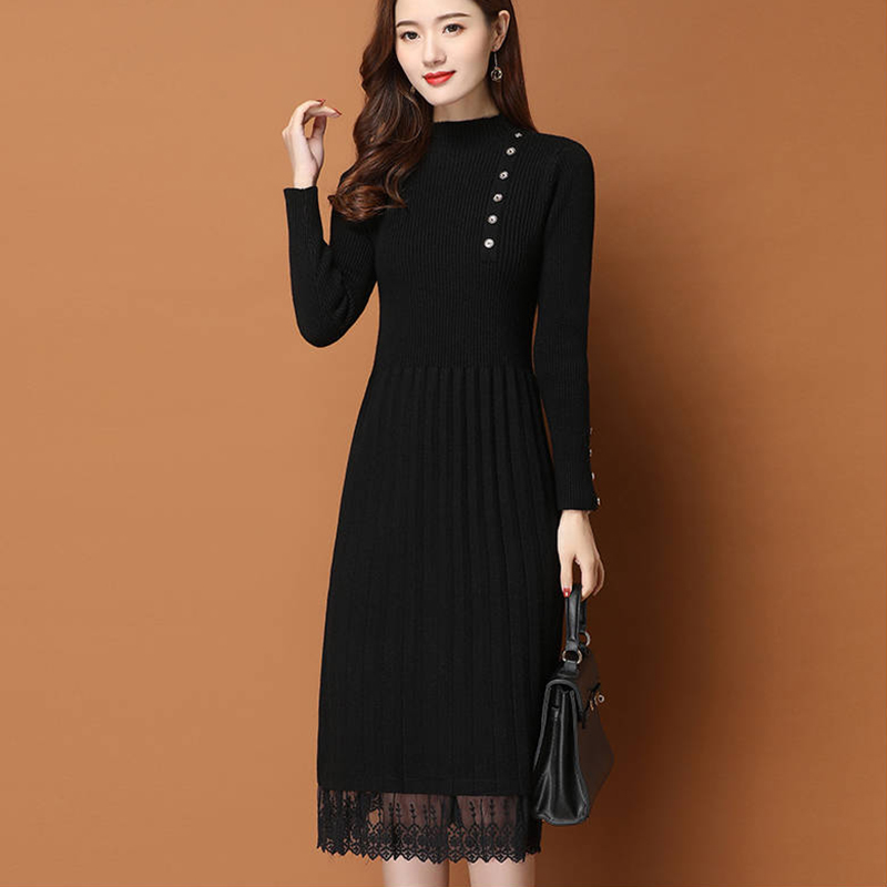 Spitze Saum Knöpfe Frauen Herb – Bodycon Long Sleeve Ribbed Dress Bewertung und Preis